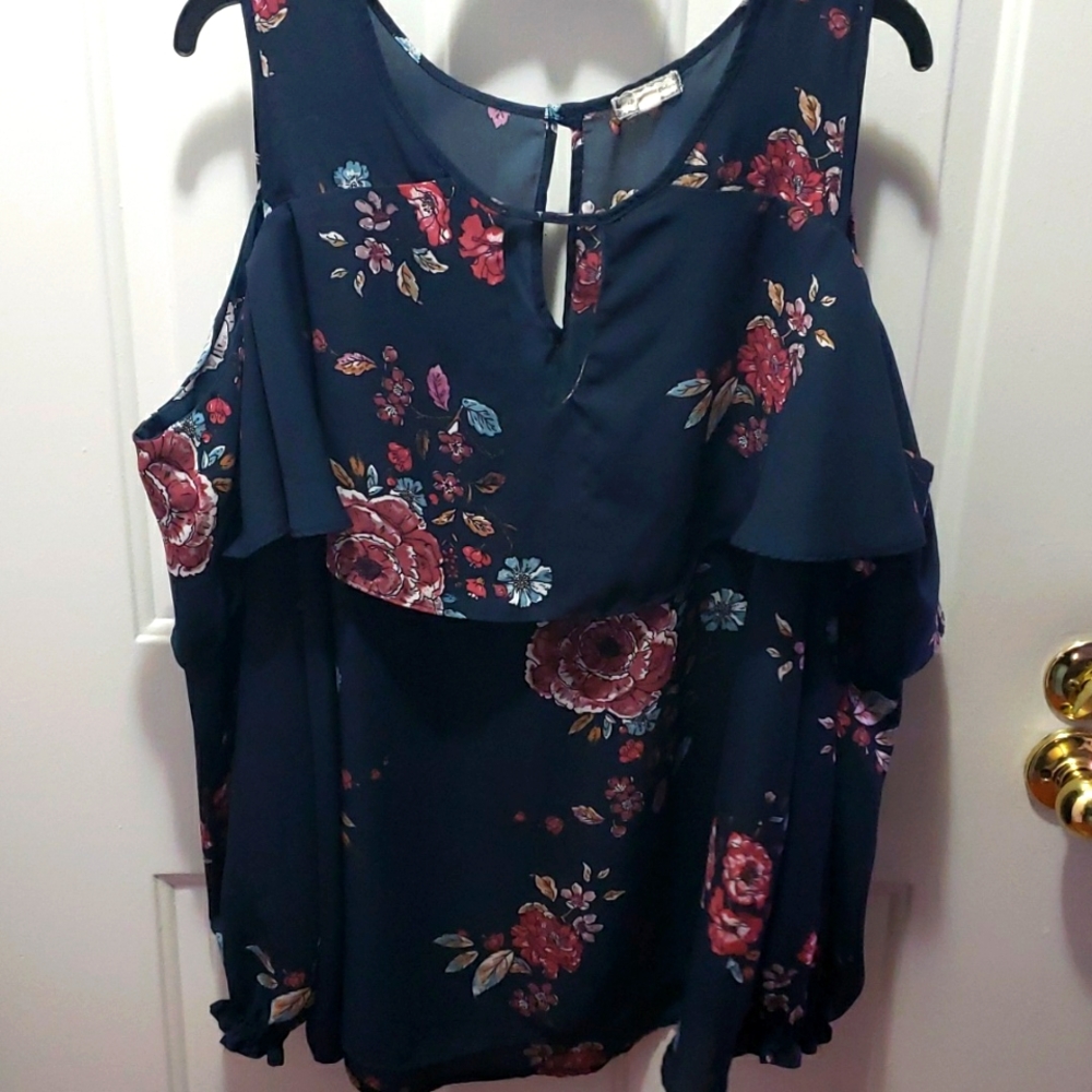 Navy Floral Cutout Blouse